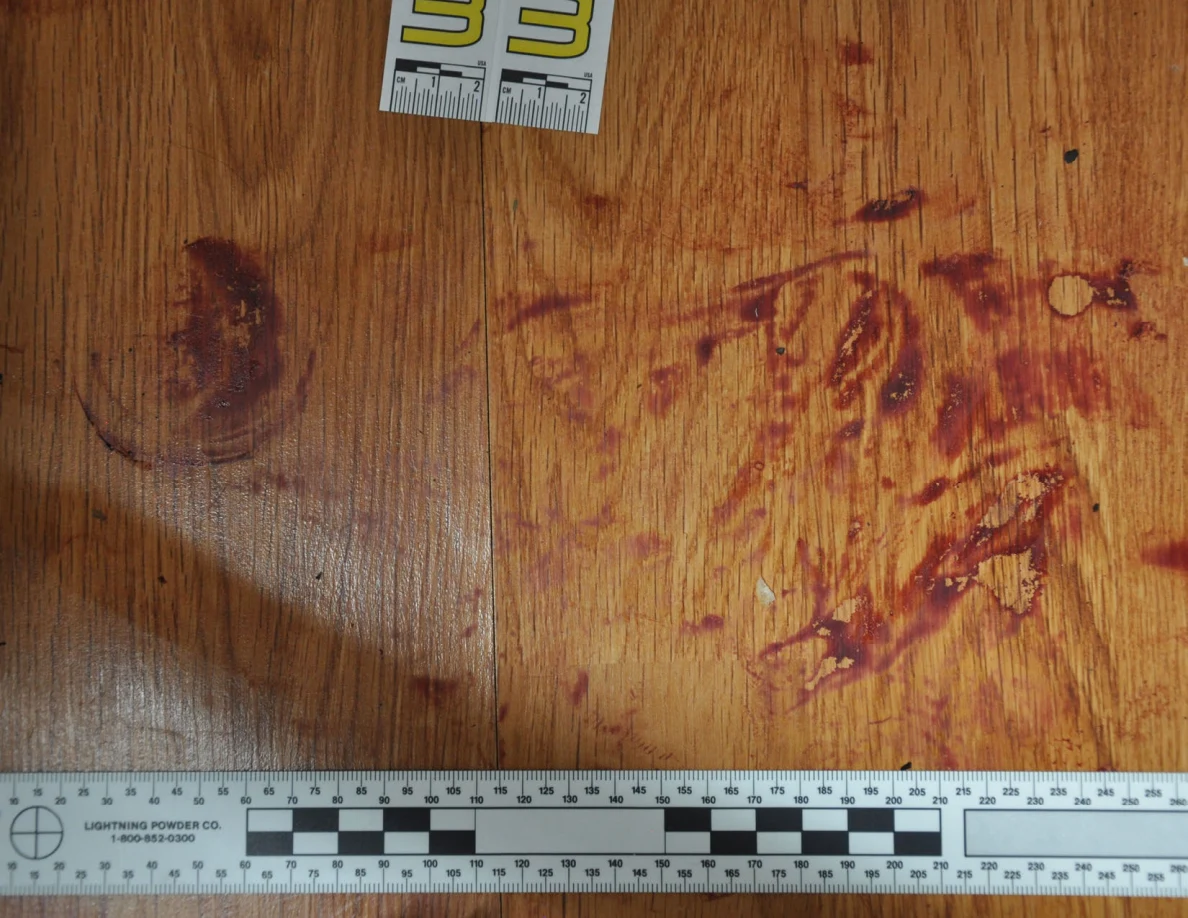 Reddish circular and smeared floor marks beside scale label 33 and a black-and-white measuring ruler.
