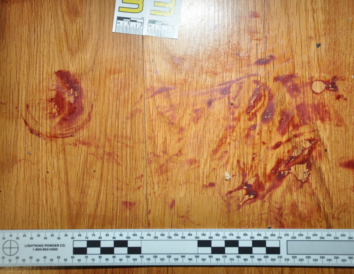 Reddish circular and smeared floor marks beside scale label 33 and a black-and-white measuring ruler.
