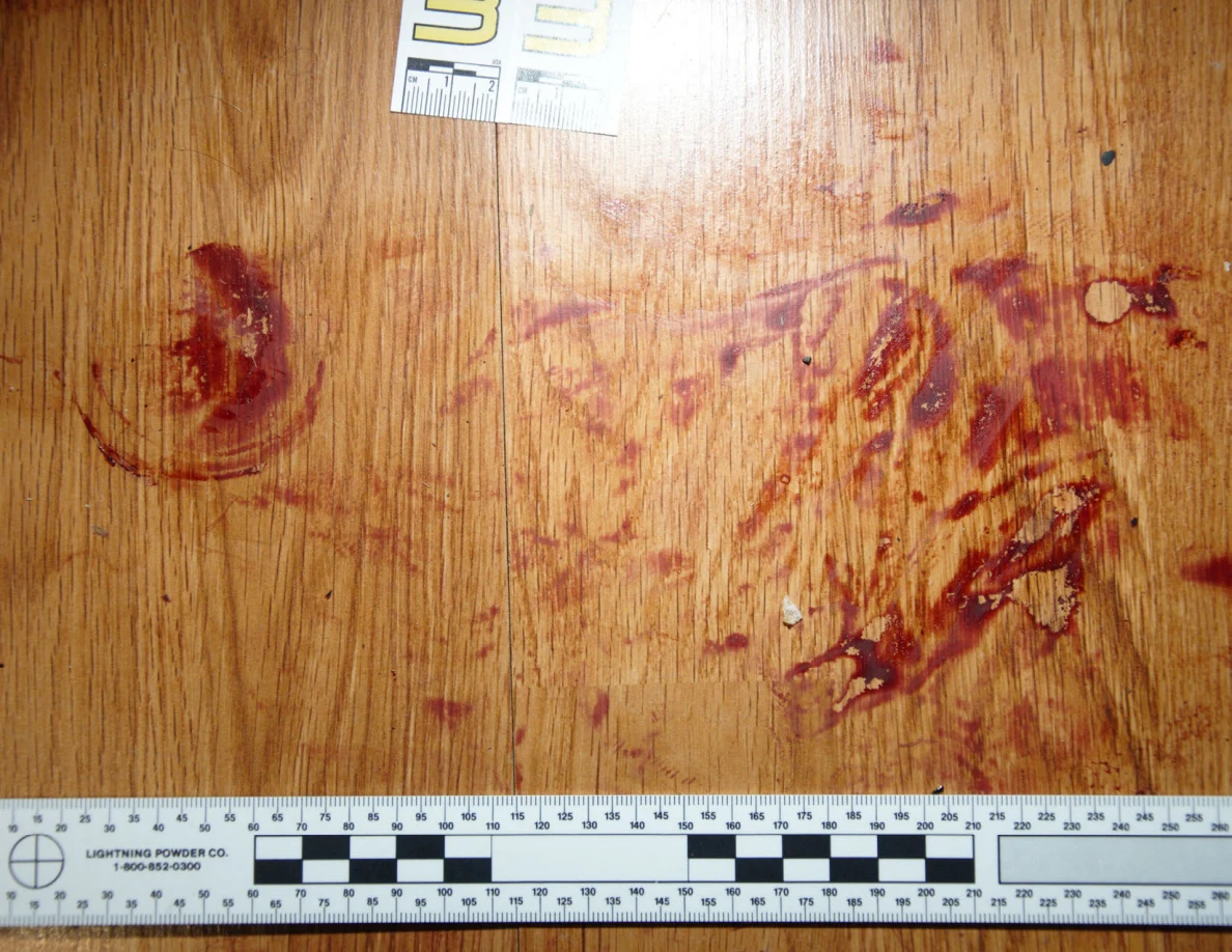 Reddish circular and smeared floor marks beside scale label 33 and a black-and-white measuring ruler.