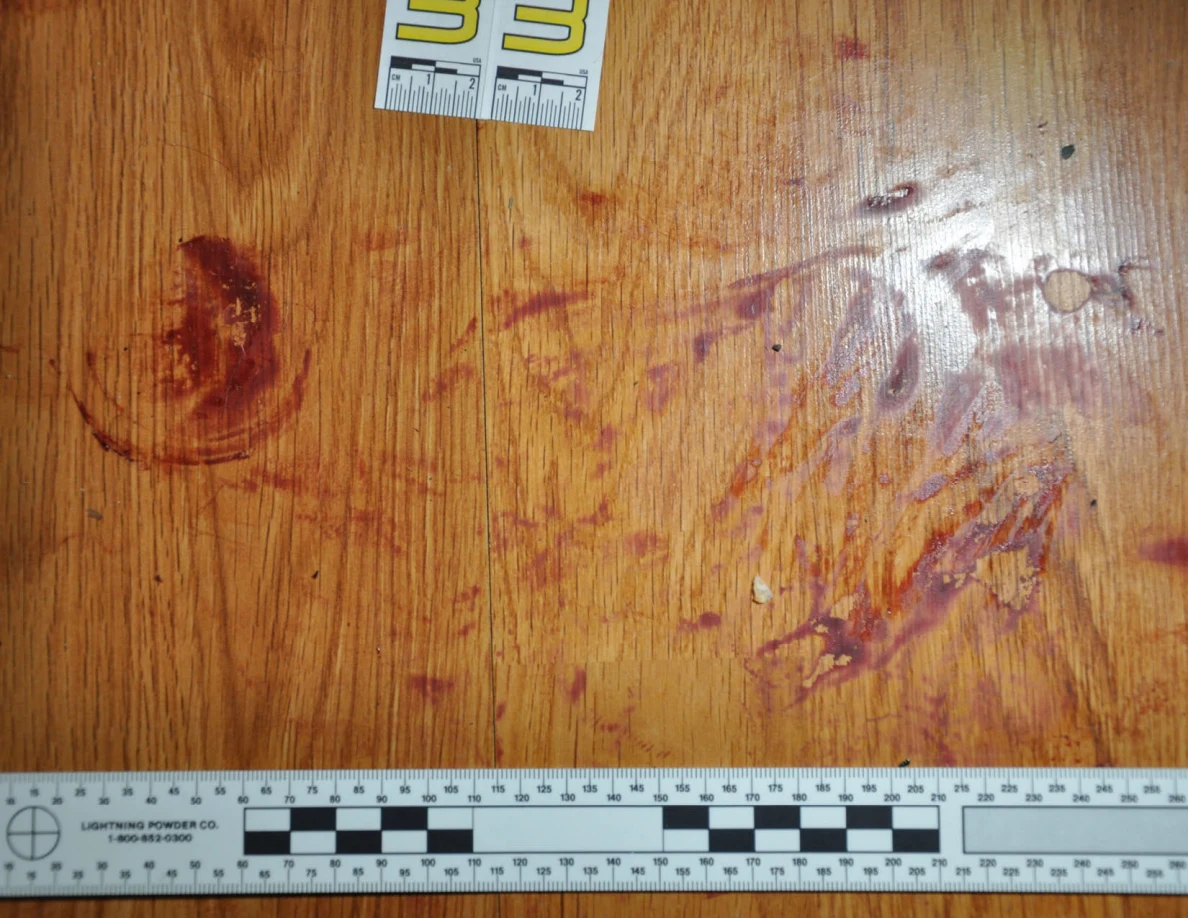 Reddish circular and smeared floor marks beside scale label 33 and a black-and-white measuring ruler.