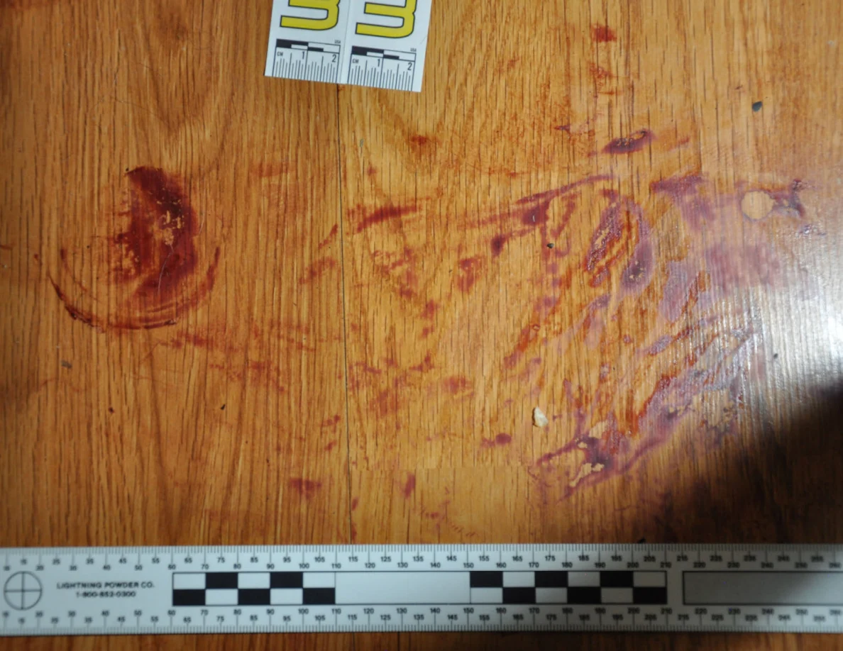 Reddish circular and smeared floor marks beside scale label 33 and a black-and-white measuring ruler.