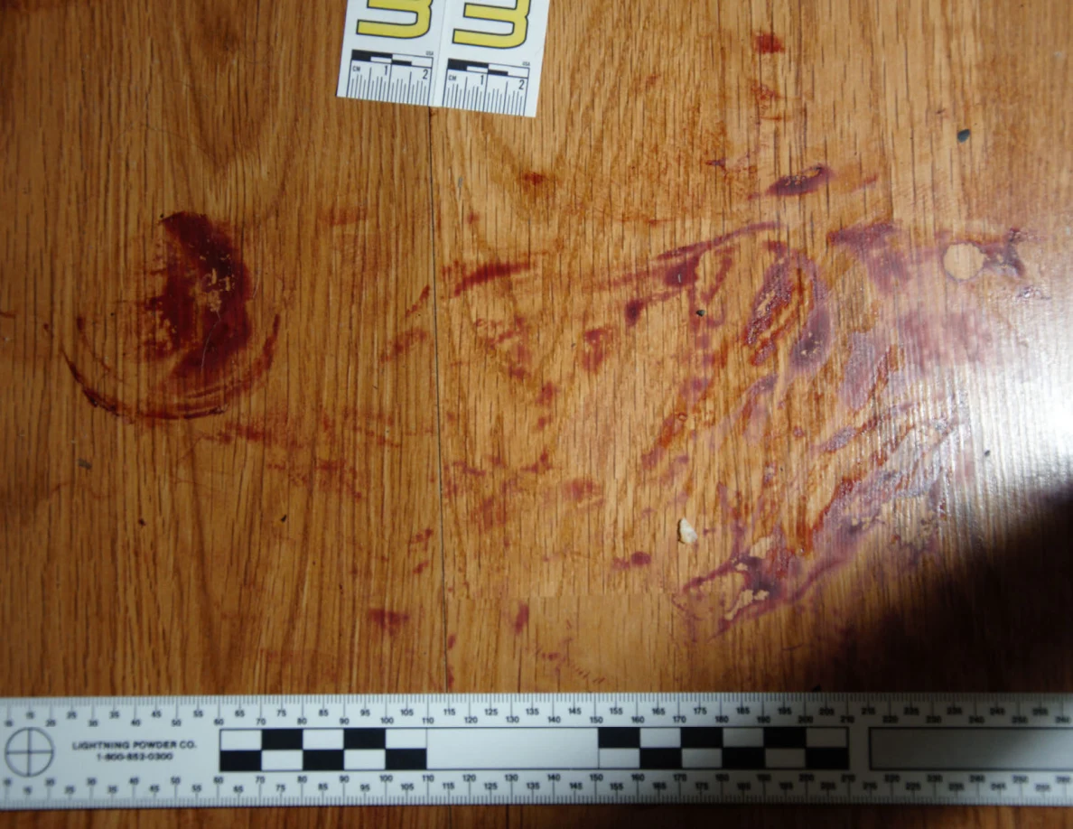 Reddish circular and smeared floor marks beside scale label 33 and a black-and-white measuring ruler.