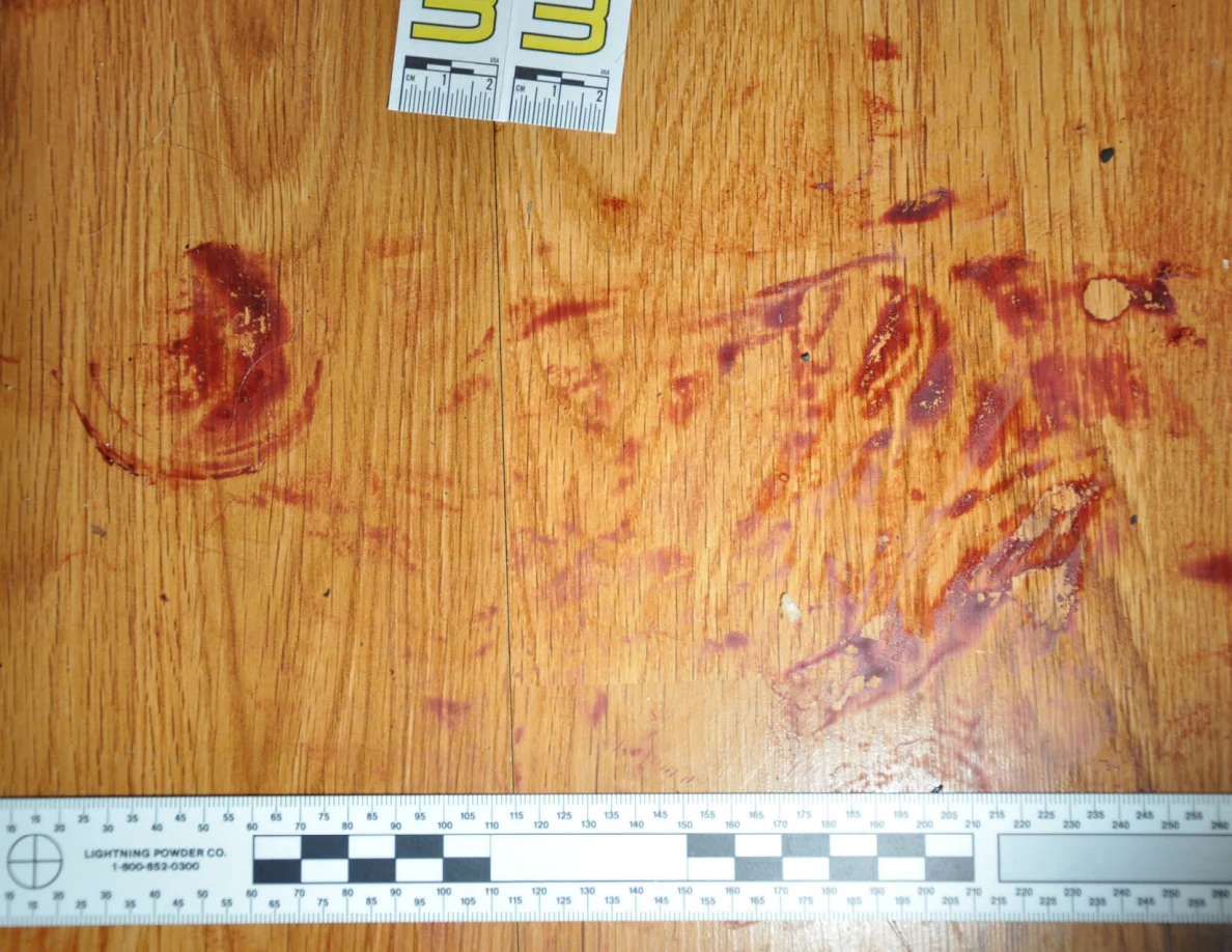 Reddish circular and smeared floor marks beside scale label 33 and measuring rulers.