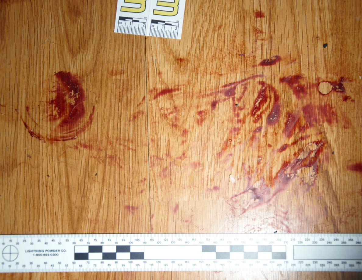 Reddish circular and smeared floor marks beside scale label 33 and measuring rulers.