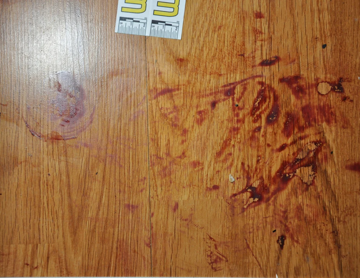 Reddish circular and smeared floor marks beside scale label 33.