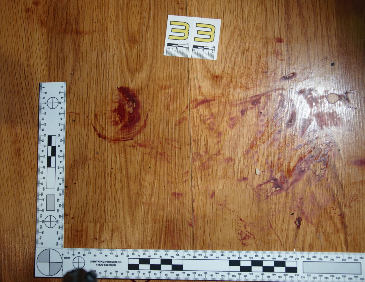 Reddish circular and smeared floor marks beside scale label 33 and measuring rulers.