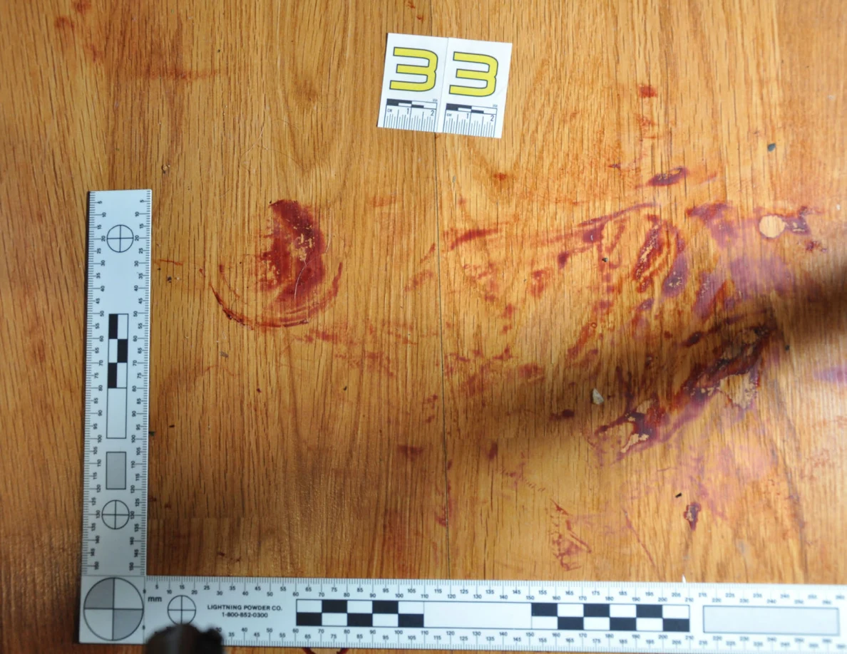 Reddish circular and smeared floor marks beside scale label 33 and measuring rulers.