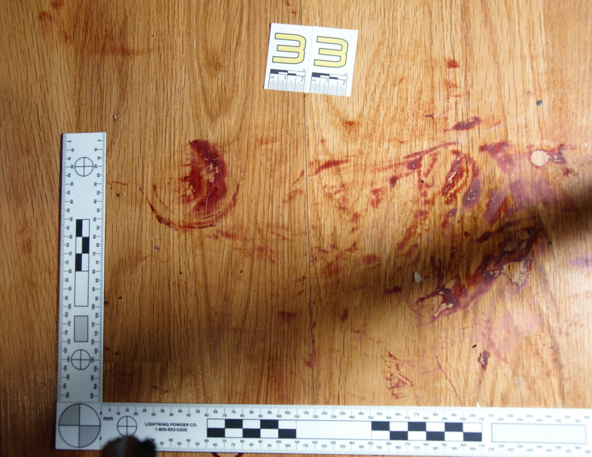 Reddish circular and smeared floor marks beside scale label 33 and measuring rulers.