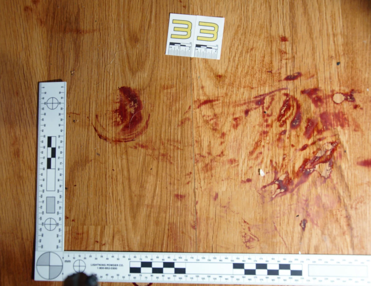 Reddish circular and smeared floor marks beside scale label 33 and measuring rulers.