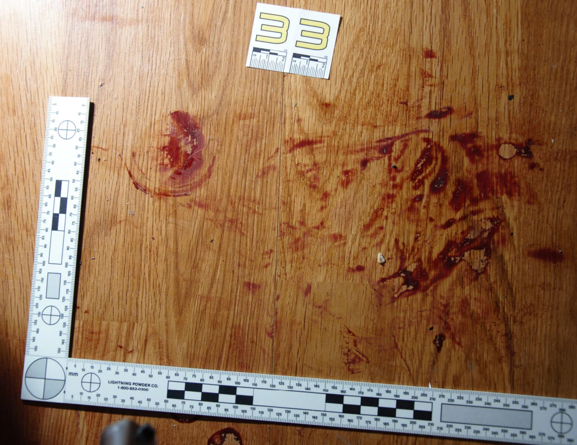 Reddish circular and smeared floor marks beside scale label 33 and measuring rulers.
