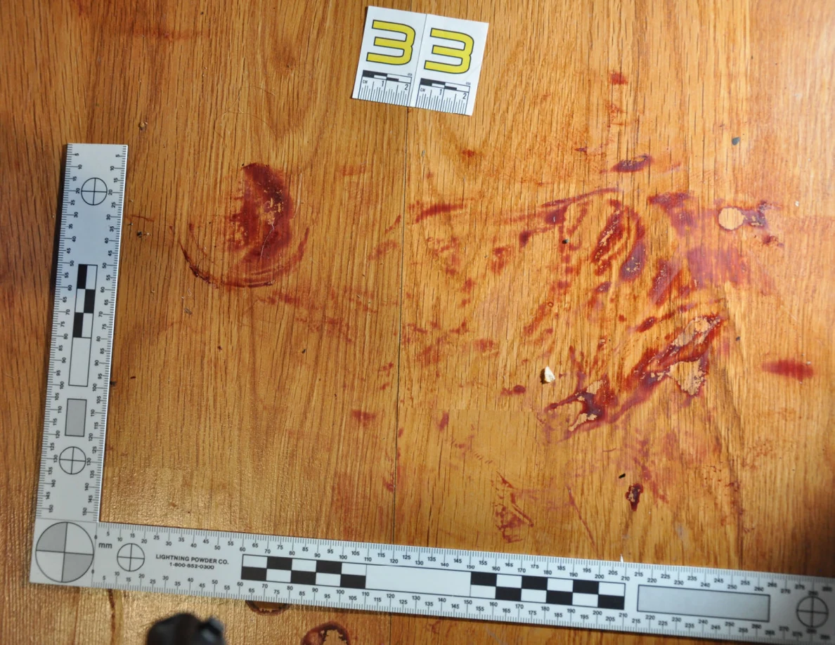 Reddish circular and smeared floor marks beside scale label 33 and measuring rulers.