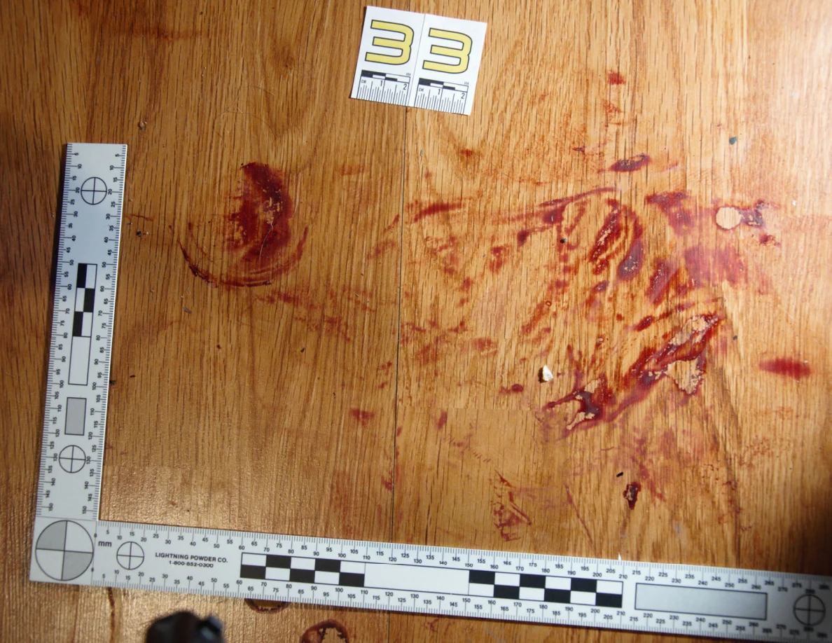 Reddish circular and smeared floor marks beside scale label 33 and measuring rulers.