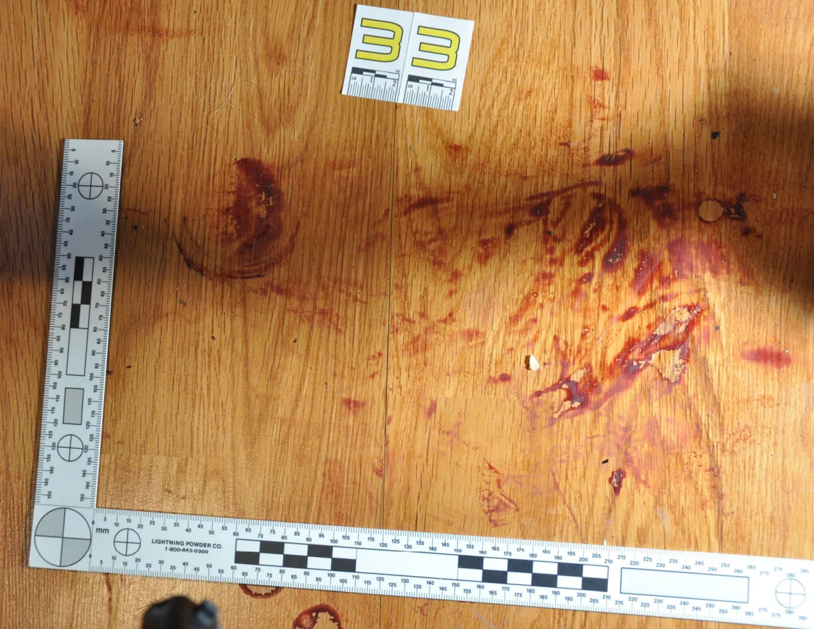 Reddish circular and smeared floor marks beside scale label 33 and measuring rulers.