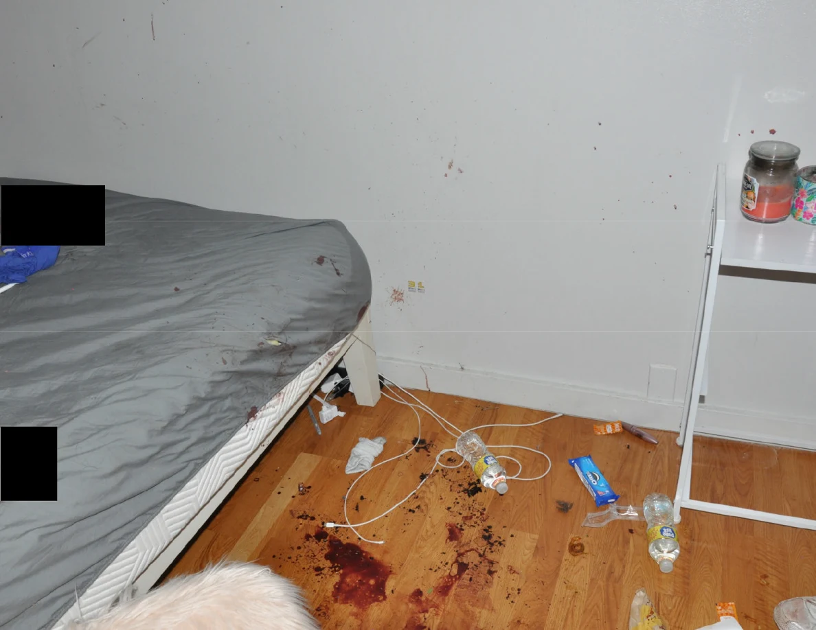 Gray-covered bed beside reddish wall and floor marks.