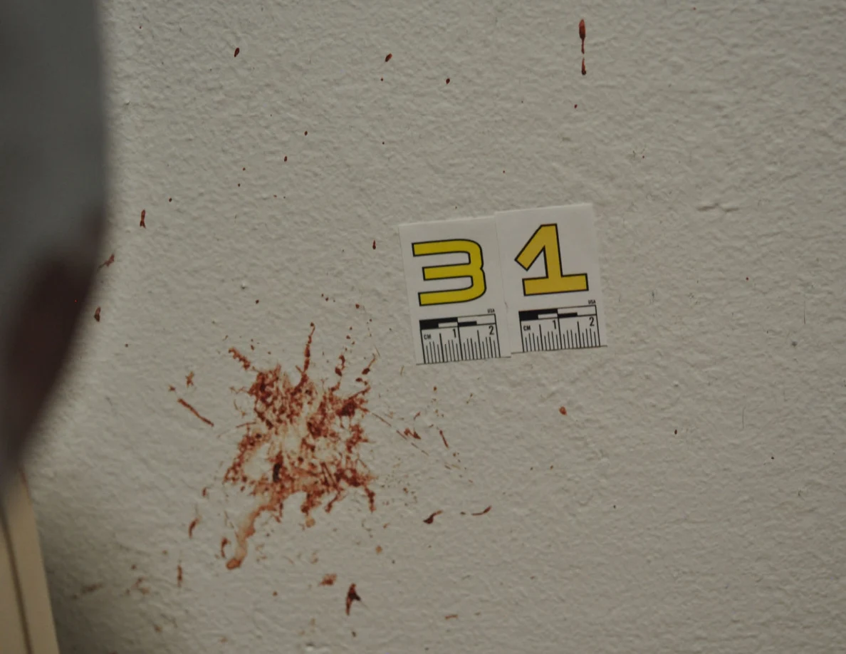 Close view of reddish wall marks beside scale label 31.