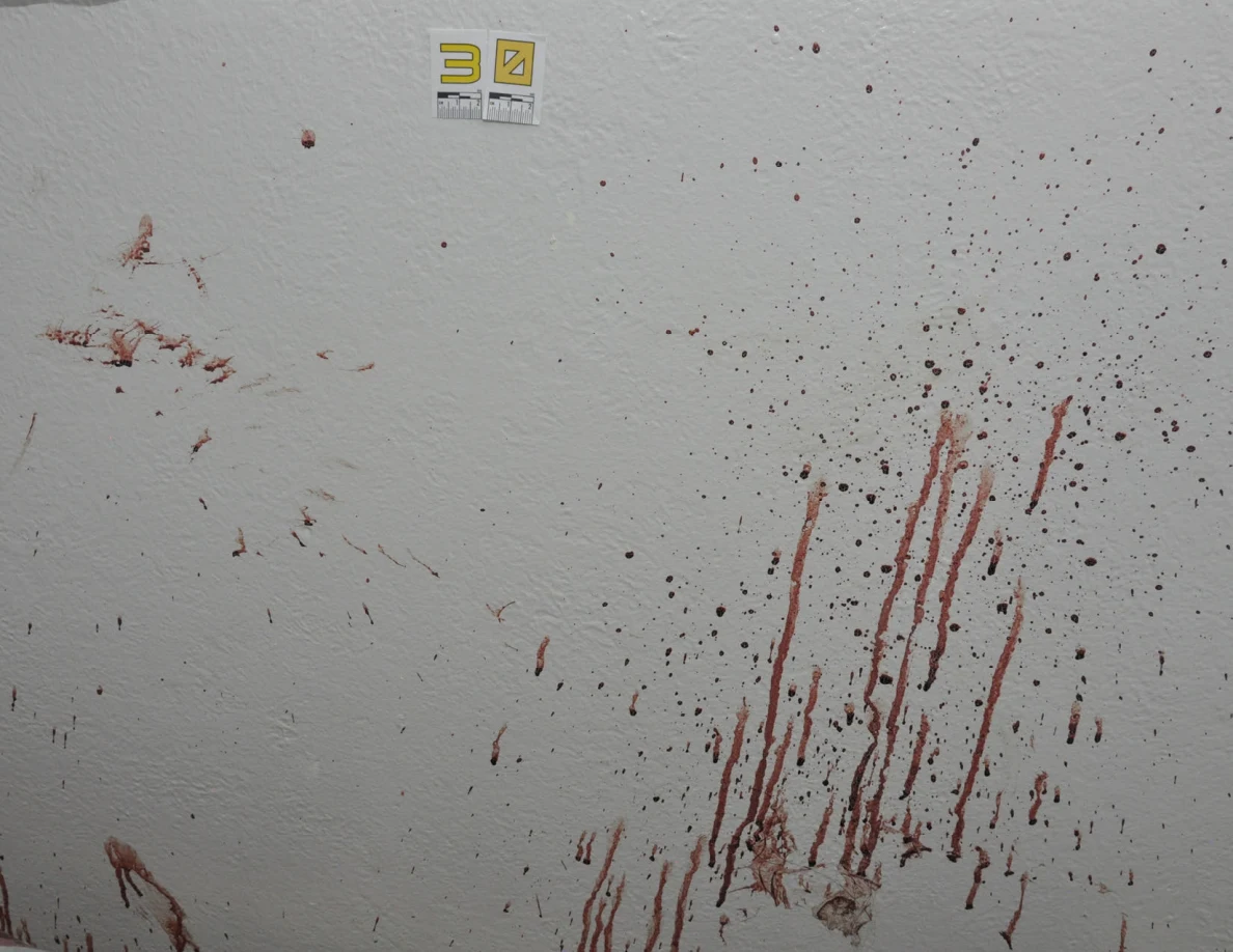 Close view of reddish wall spots and streaks beside scale label 30.