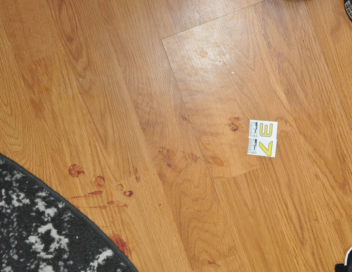 Reddish floor marks beside scale label 37 and the edge of a patterned rug.