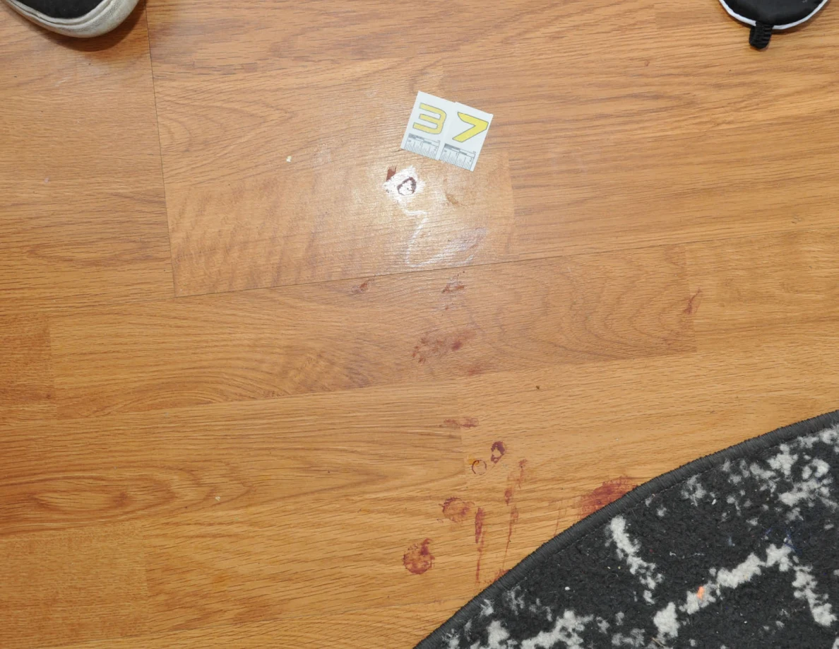 Reddish floor spots beside scale label 37 and a patterned rug.