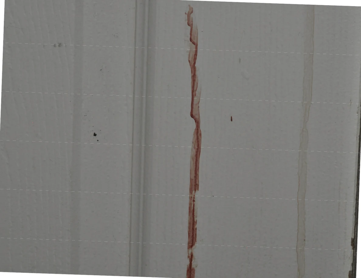 Close view of a single vertical reddish streak on a white door.
