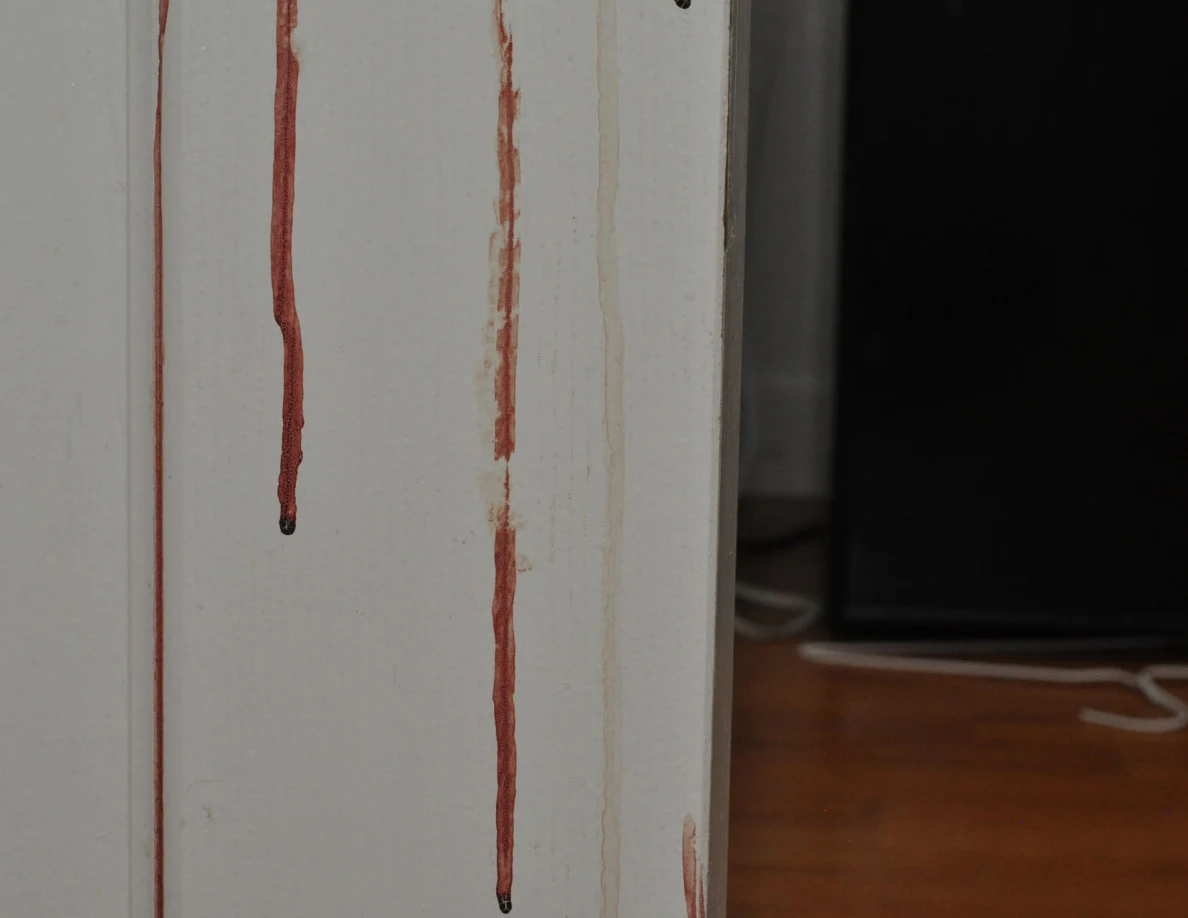 Close view of vertical reddish streaks on a white paneled door.