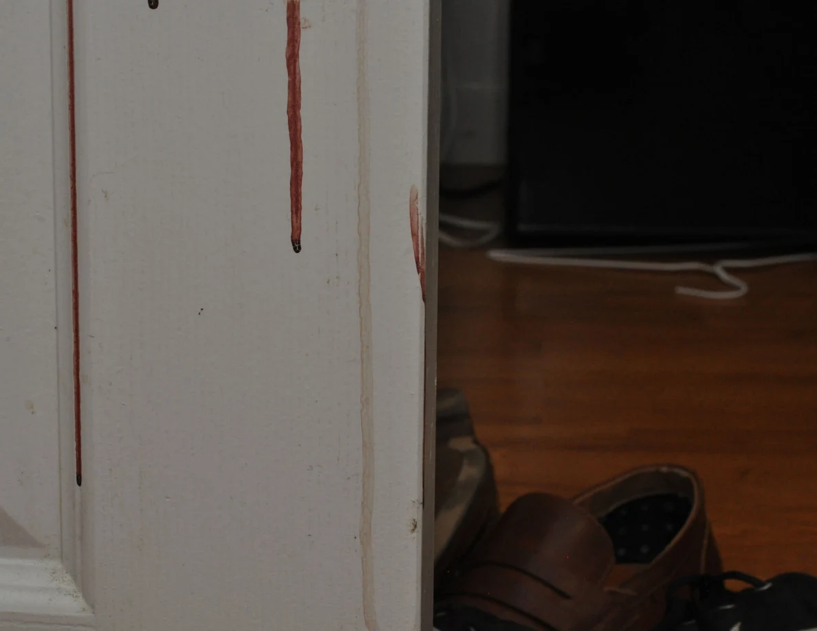 Close view of vertical reddish streaks on a white paneled door.