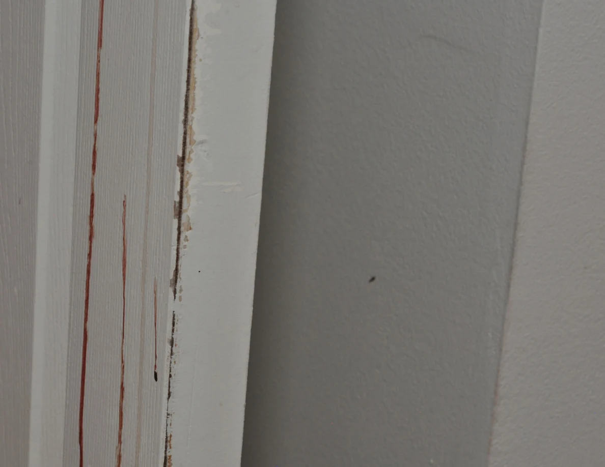 Reddish streaks and a worn edge on a white door.