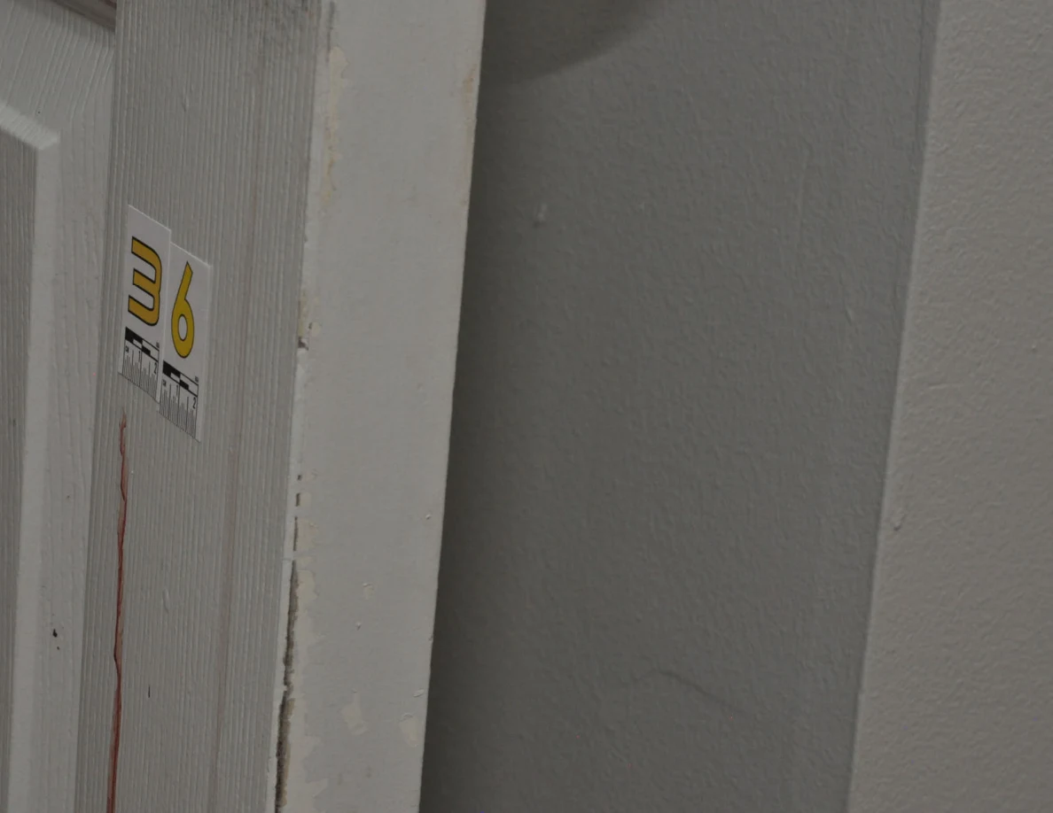 Angled view of scale label 36 and reddish streaks on a white door.
