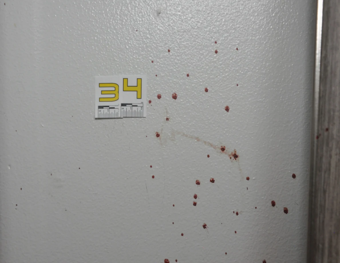 Close view of reddish wall spots beside scale label 34.
