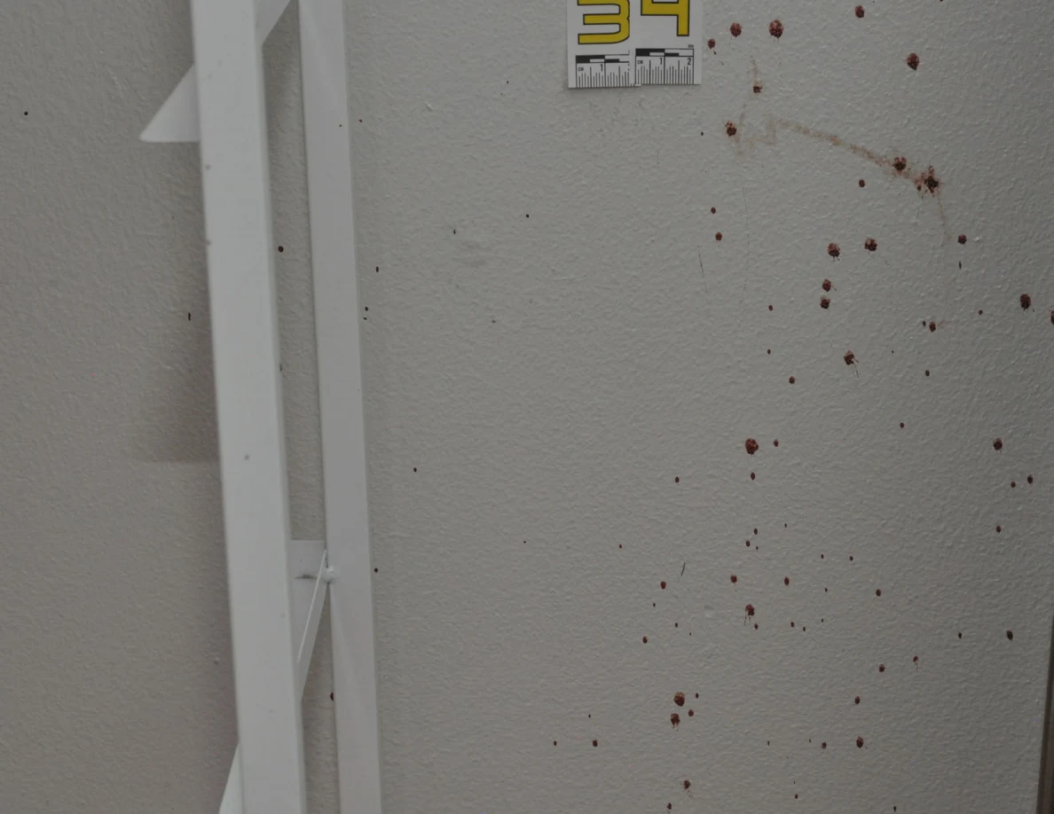 Reddish wall spots beside scale label 34 and a wood-look mirror frame.