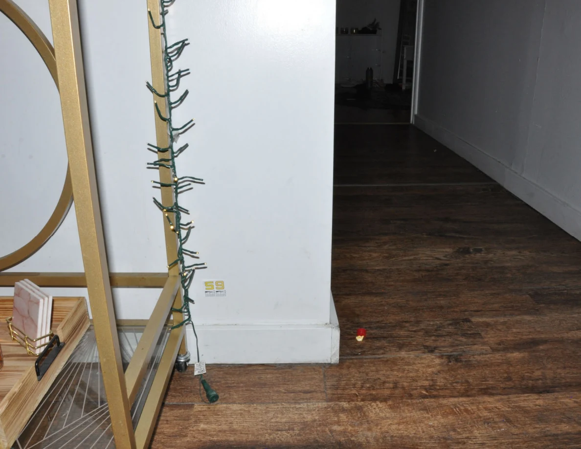 Gold cart leg with string lights beside scale label 59 on a wall.