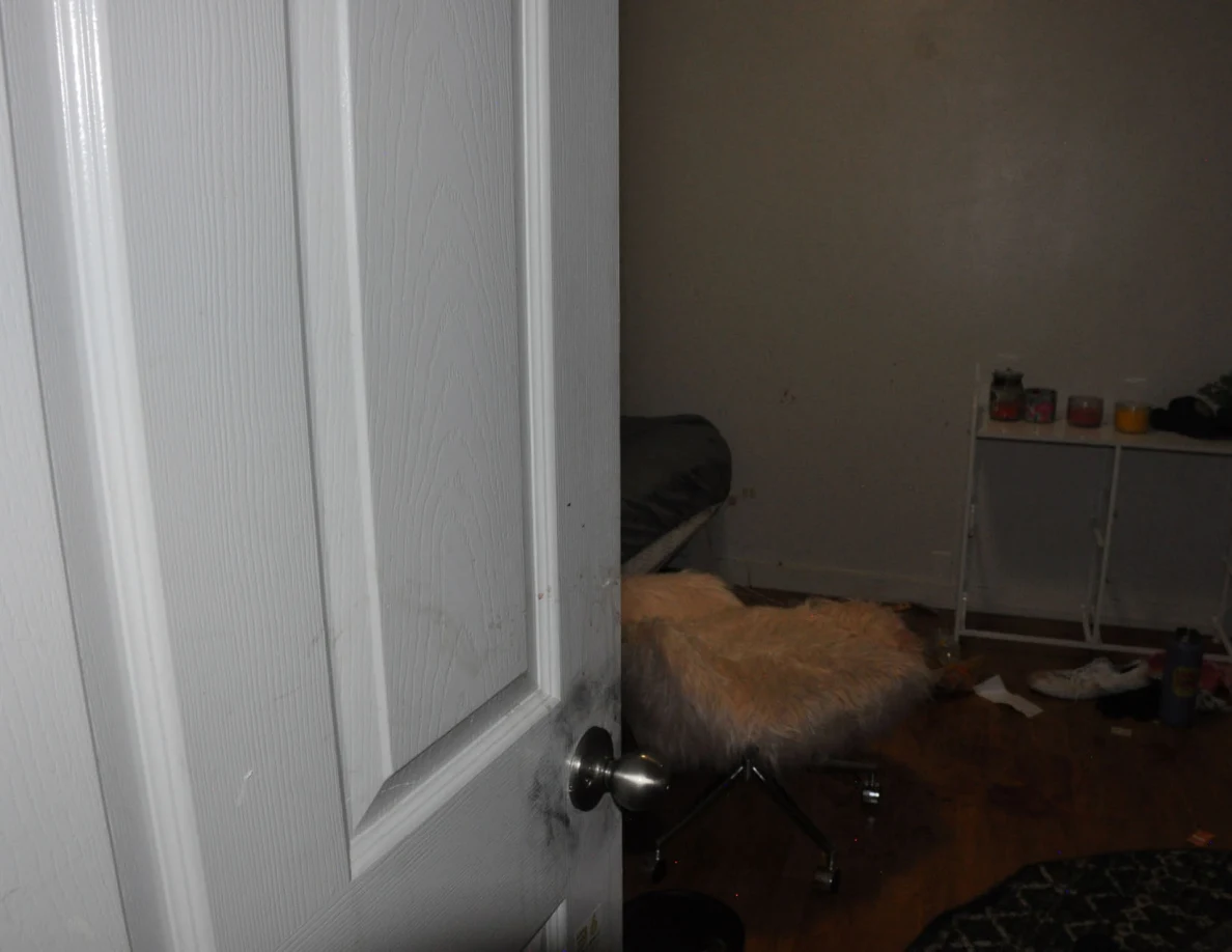 Open white door with dark smudges around the knob, with a fluffy chair visible inside.