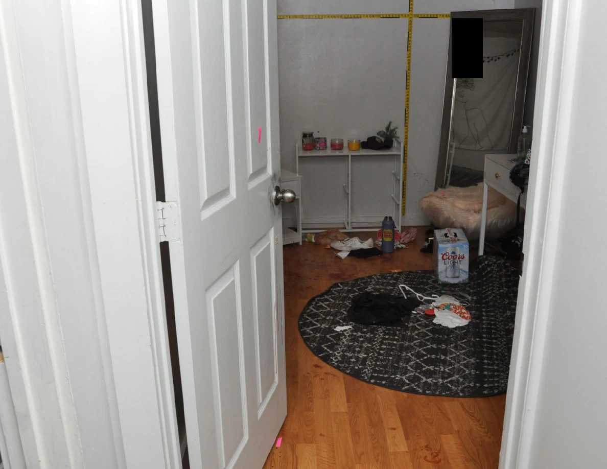 Bedroom doorway showing a round patterned rug, mirror and wall measuring scales.