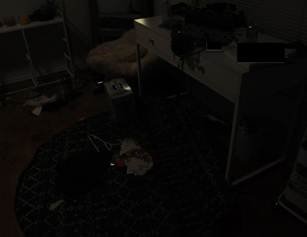 Dim view of a round patterned rug, desk and fluffy chair.