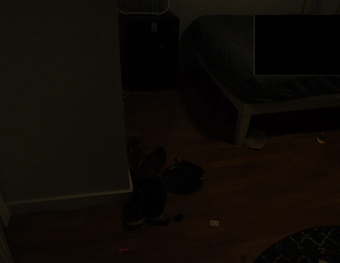 Dim view of footwear and a dark round object beside a partly redacted bed.