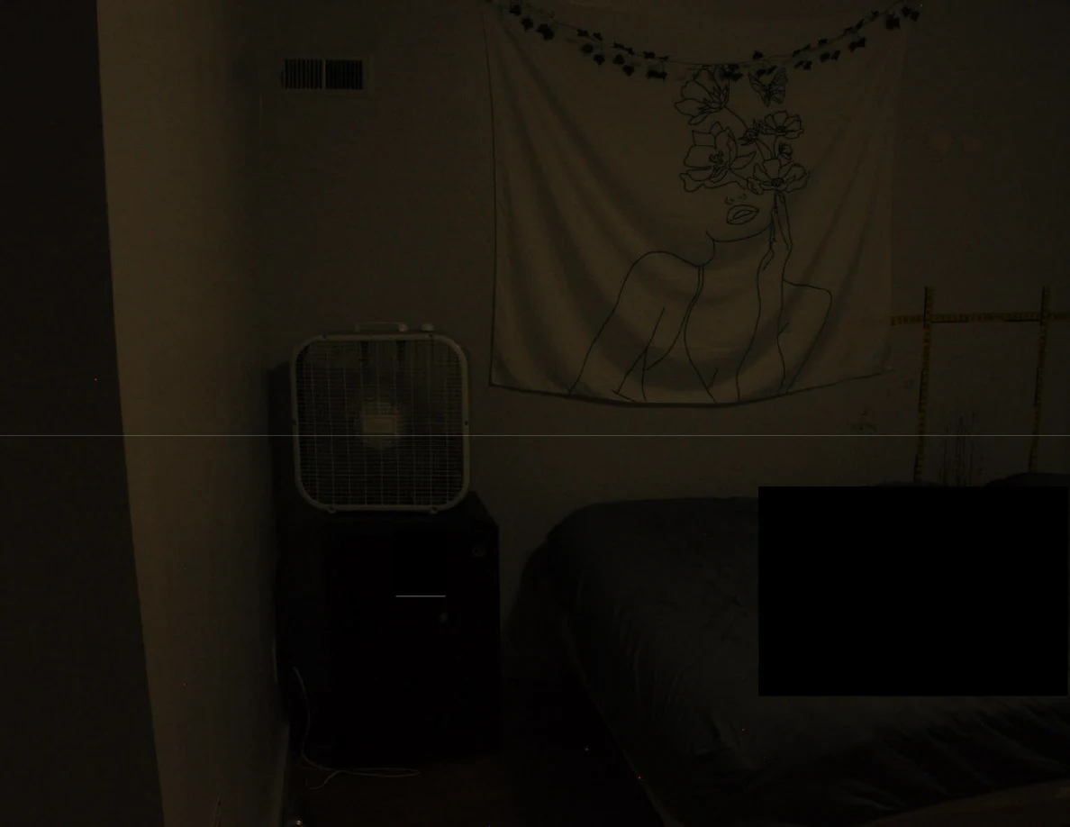 Dim view of a floral wall hanging, box fan and partly redacted bed.