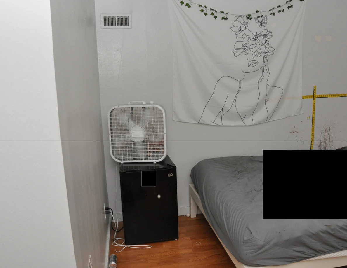 Floral line-art wall hanging above a box fan and mini fridge beside a partly redacted bed.