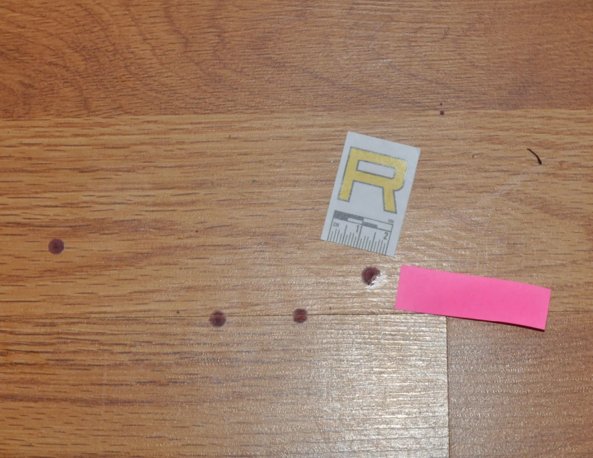 Close view of reddish floor spots beside scale label R and pink tape.