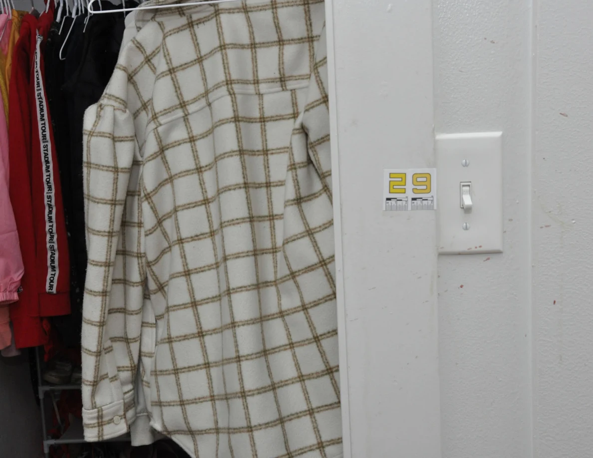Closet garment rail beside a switch and scale label 29.