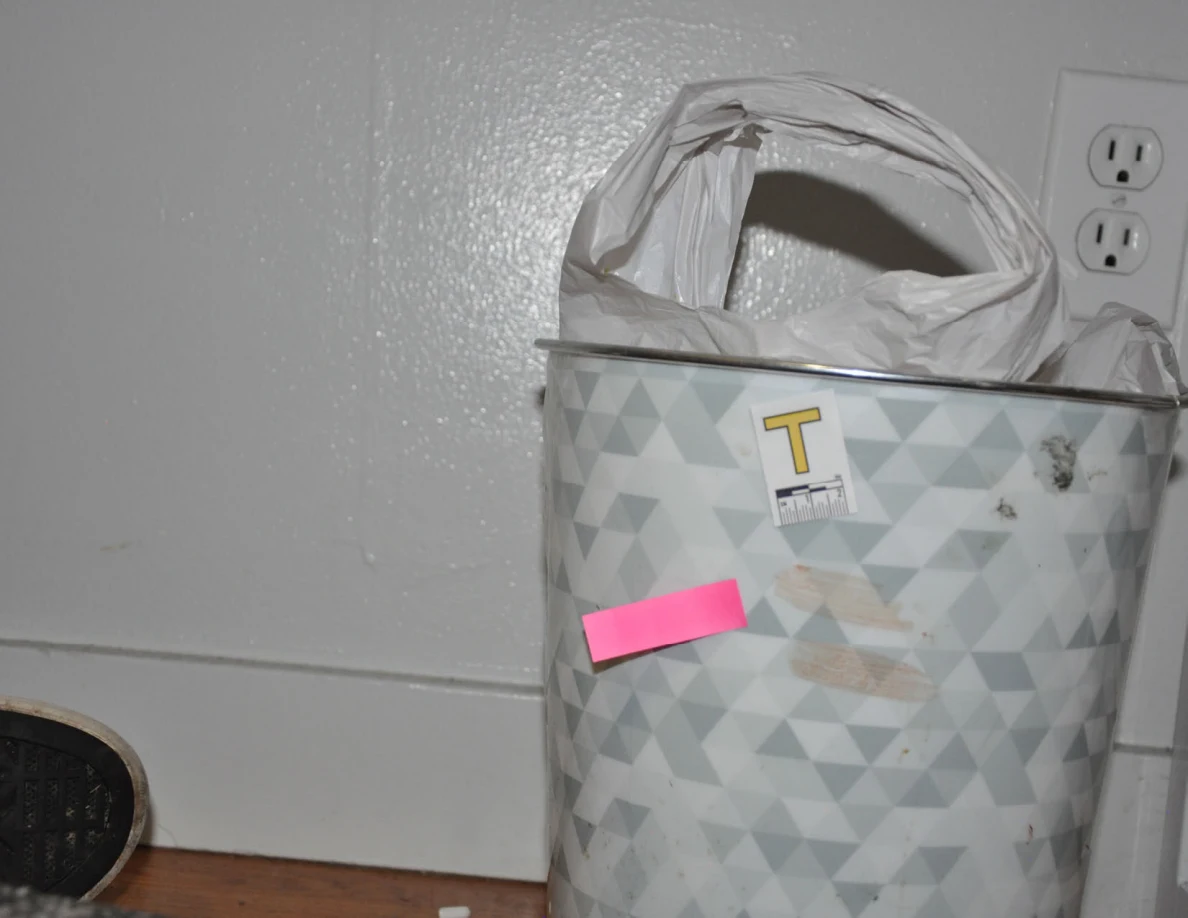 Scale label T and pink tape beside marks on a patterned wastebasket.