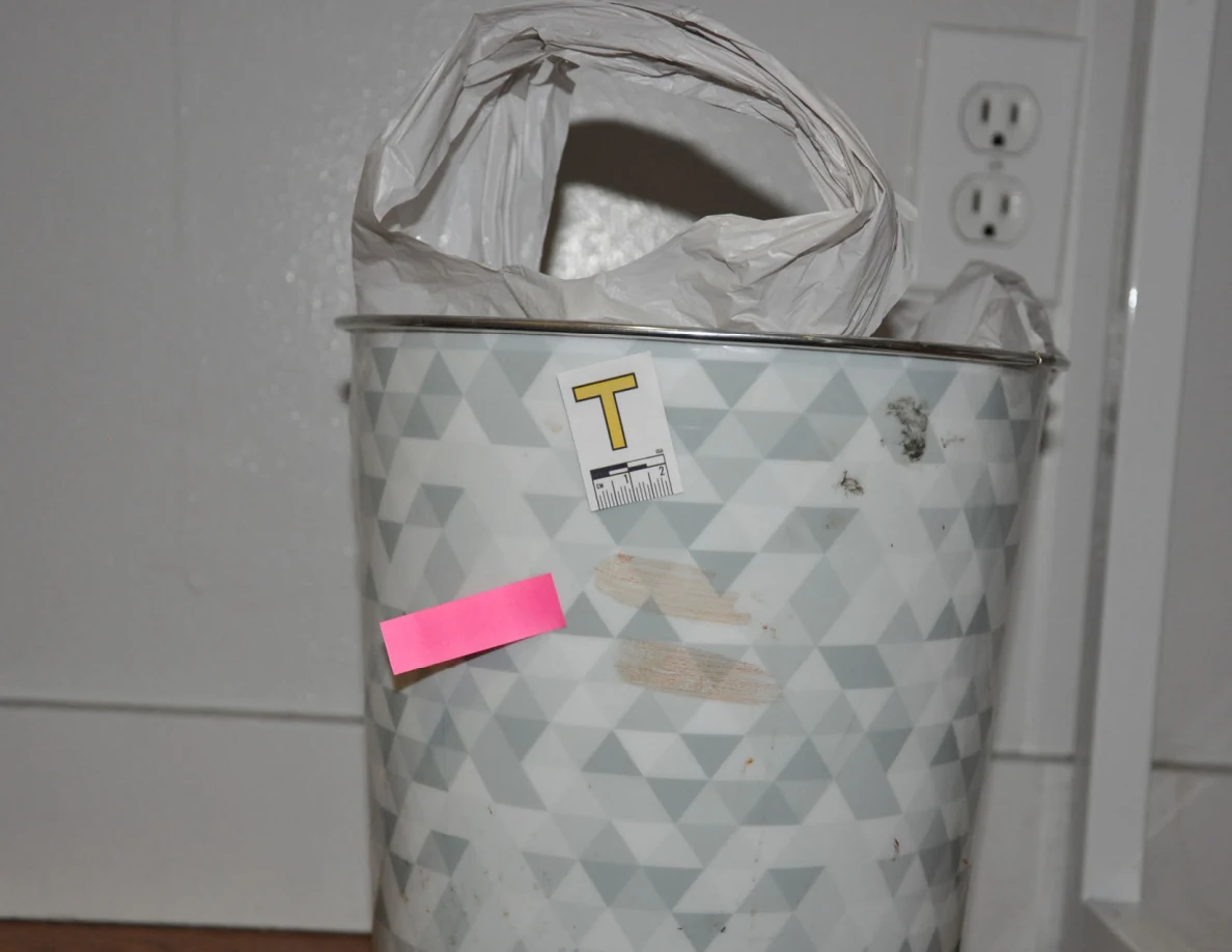 Scale label T and pink tape beside marks on a patterned wastebasket.