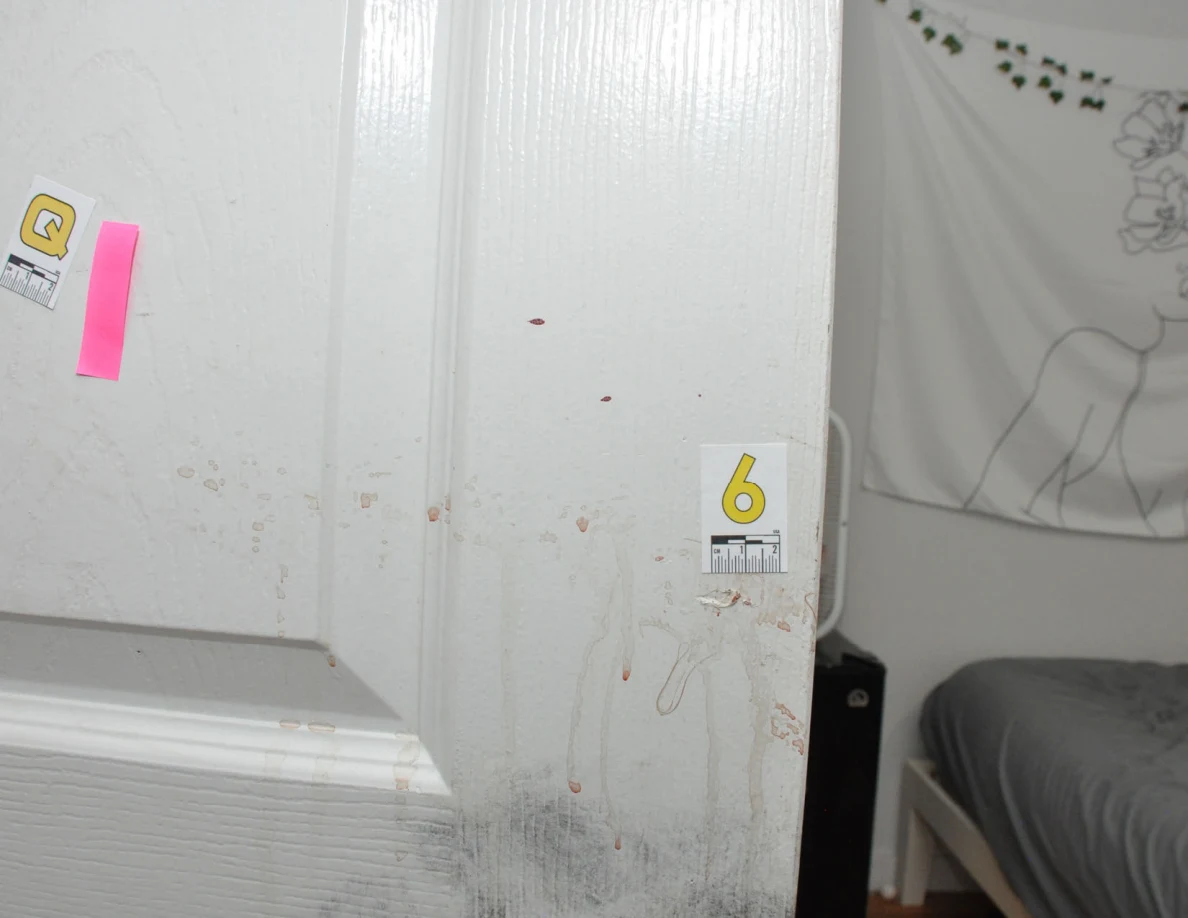 Scale labels Q and 6 beside faint marks and pink tape on a door.