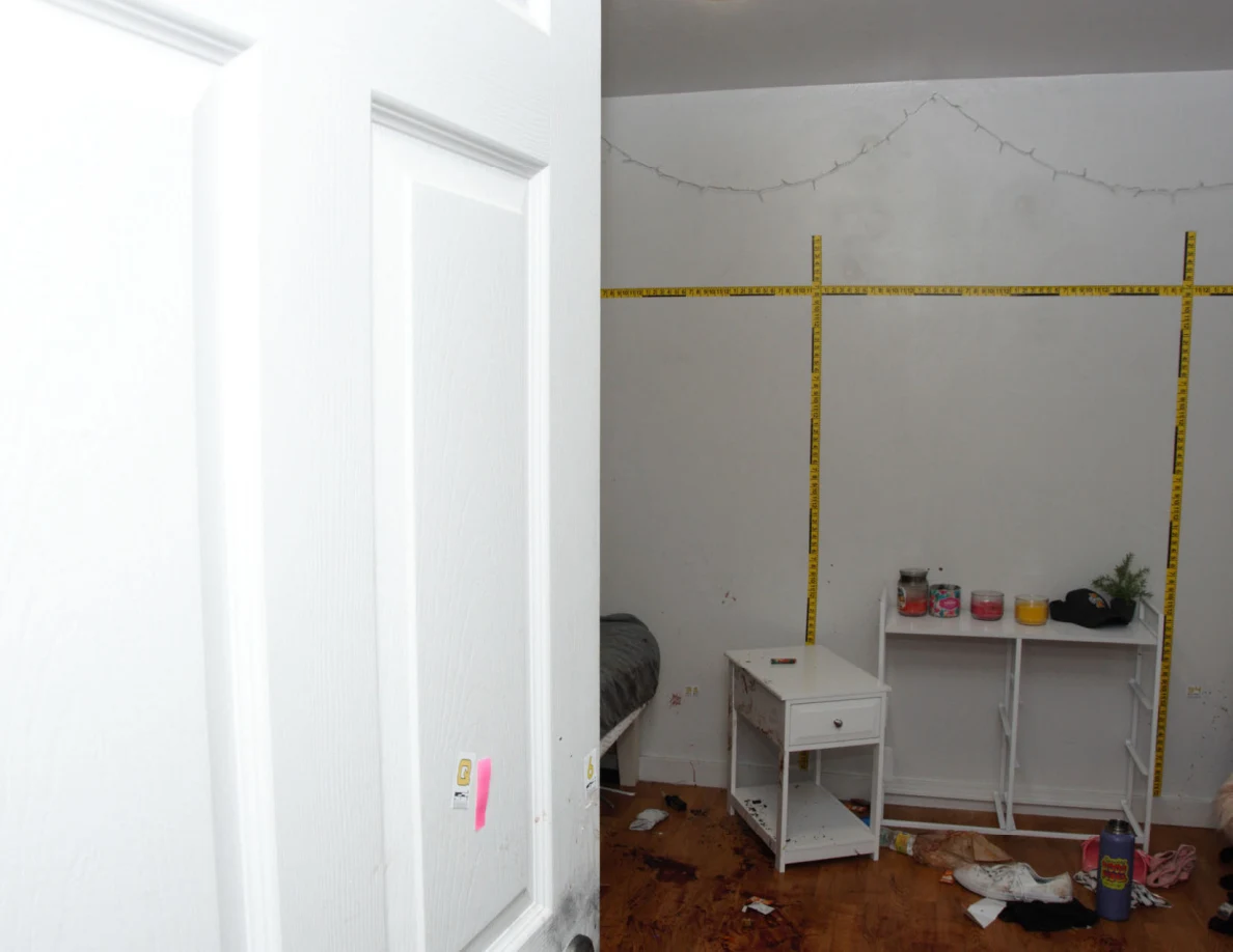 Bedroom doorway view of yellow wall scales above white bedside furniture.