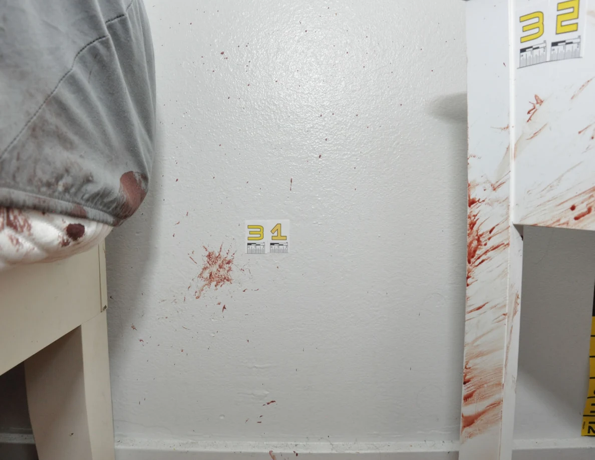 Reddish wall marks beside label 31 between a bed and marked white furniture.