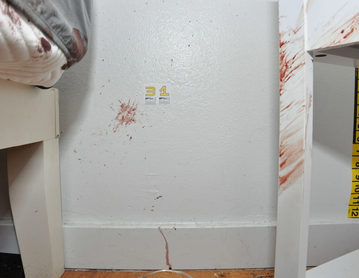 Reddish wall marks beside label 31 between a bed and marked white furniture.