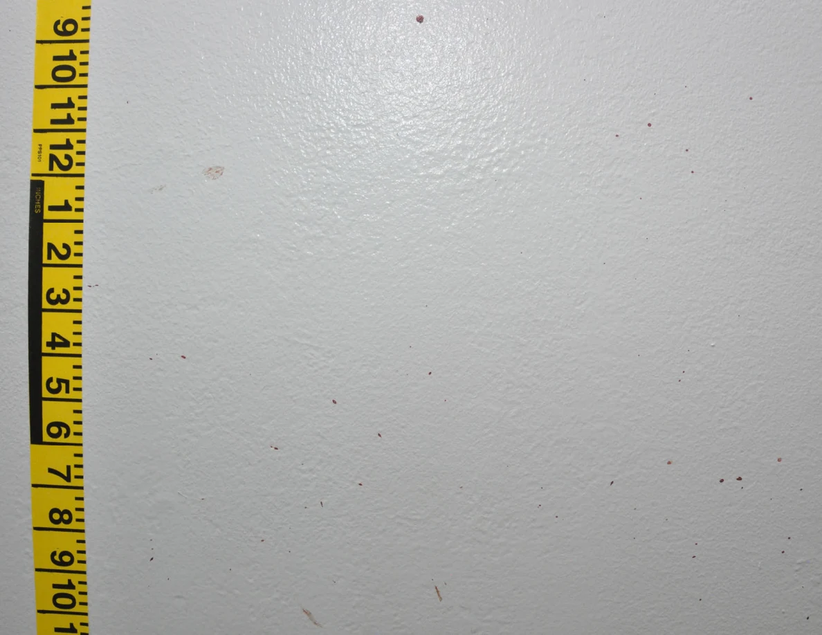 Vertical yellow measuring tape beside small reddish wall spots.