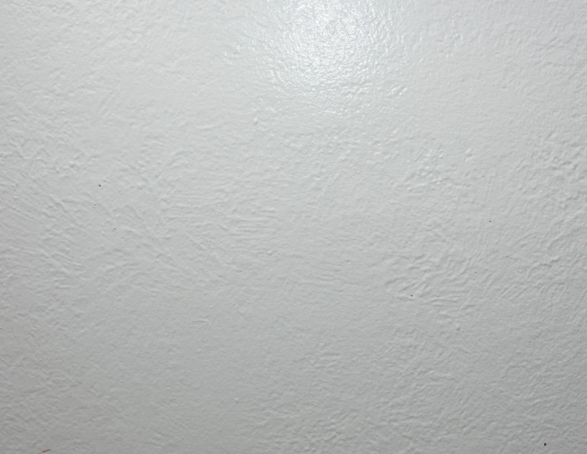 Close view of a pale textured wall with sparse small reddish marks.