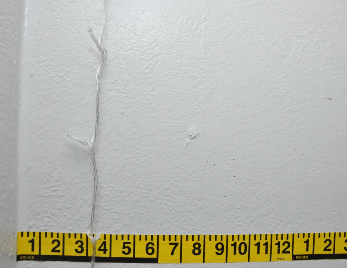 String-light cable against a pale wall beside yellow measuring tape.