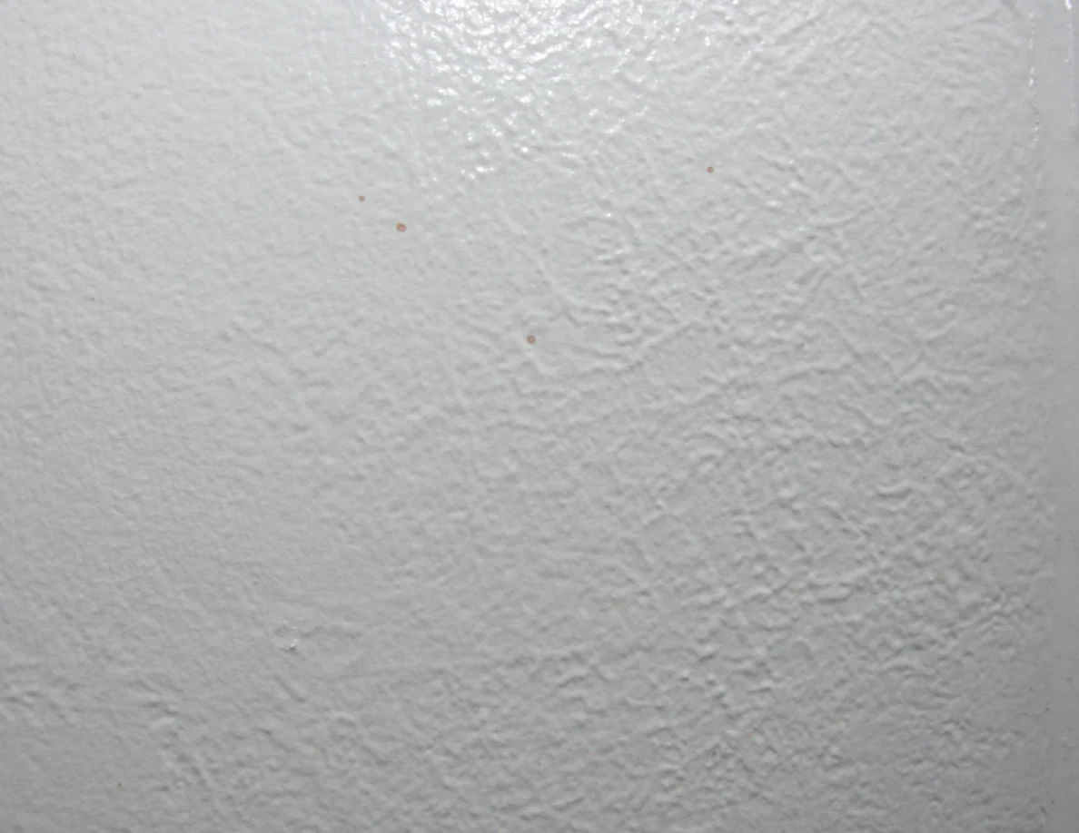 Close view of small marks on a pale textured wall.