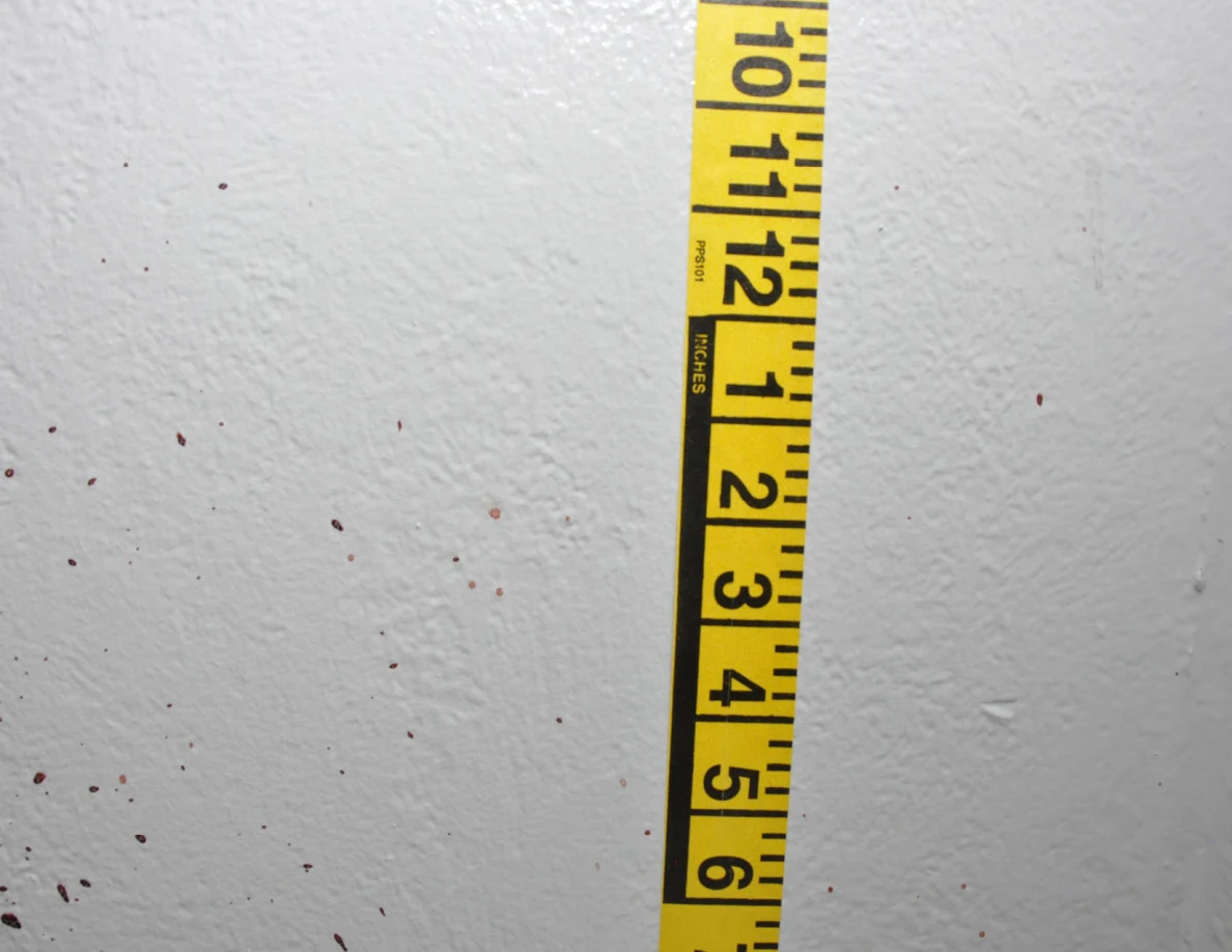 Vertical yellow measuring tape beside reddish wall spots.