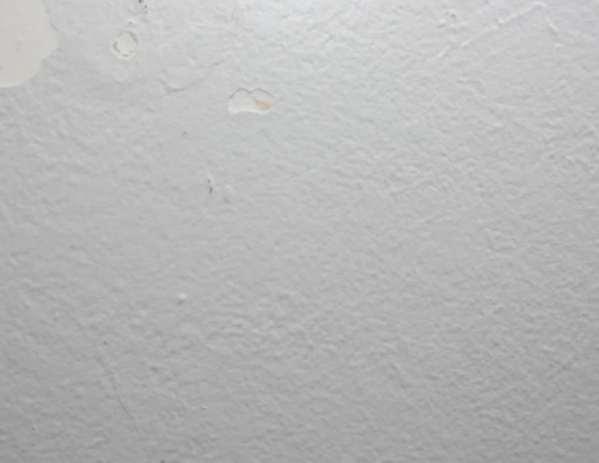 Close view of a pale textured wall with small marks and reddish specks.